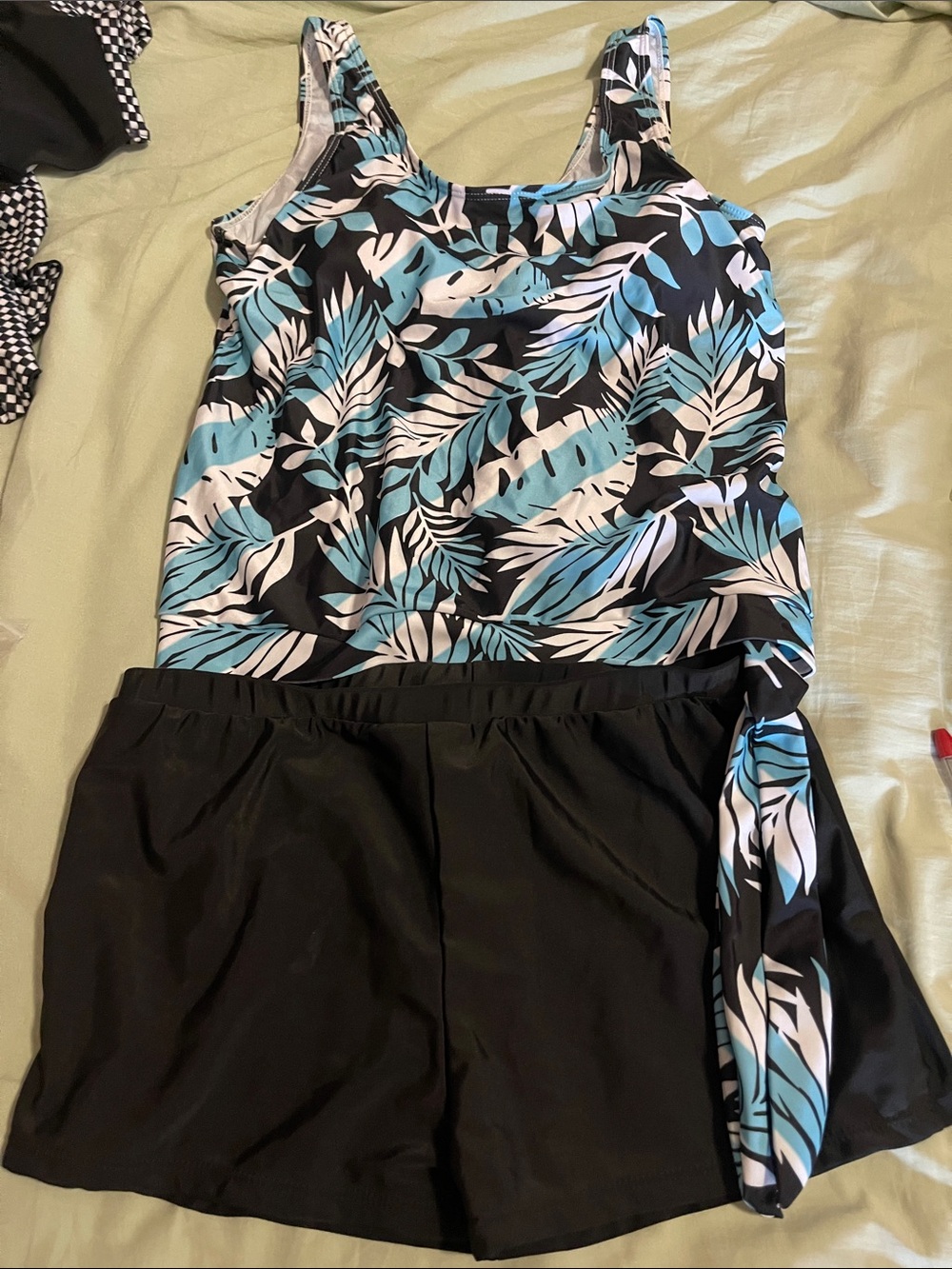 Tropical Print Tankini Set in Black, White & Teal